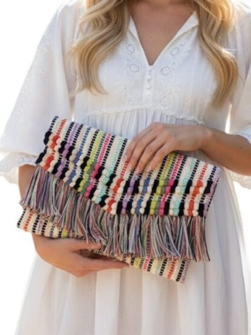 Stella & Dot Taj Clutch Bohemian Fringe Colorful Purse Woven Bag Summer Chic - Picture 16 of 16